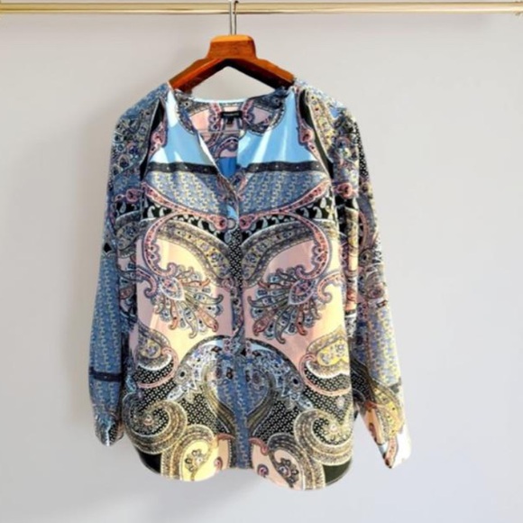 Talbots Pink Blue Paisley Blouse Button Up Size Large - Picture 2 of 13